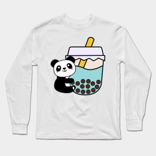Baby Panda Hugs Bubble Tea Kawaii Blue Boba Tea Long Sleeve T-Shirt